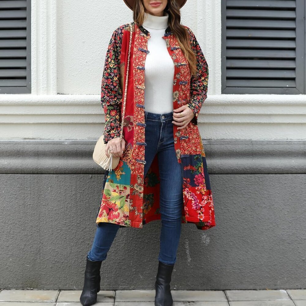 Floral Print Linen Cotton Jacket Bohemian Patchwork Outwear Women Large - Picture 6 of 8